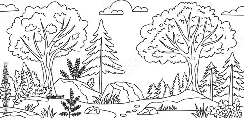 Forest Landscape Line Art Illustration Keywords: forest, trees, pines, bushes, rocks, path