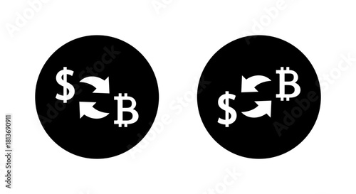 Crypto exchange icon in black circle. Dollar to Bitcoin conversion symbol