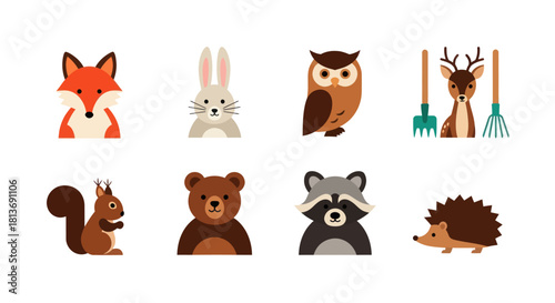 Cartoon forest animal collection fox rabbit owl deer squirrel bear raccoon hedgehog