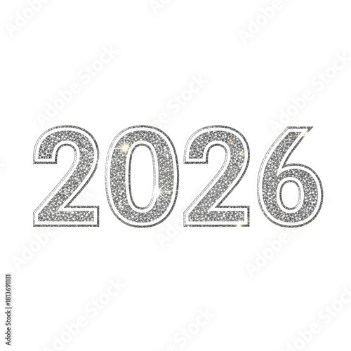 Silver glitter 2026 year number with sparkling texture, elegant graphic element.