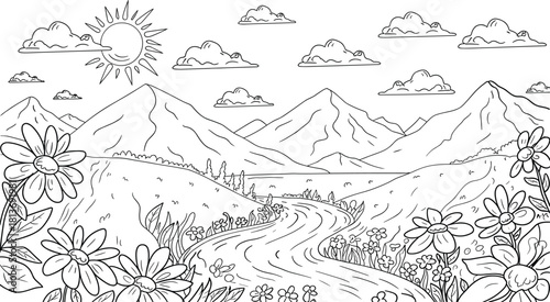 Scenic Mountain Landscape Line Art Illustration Keywords: landscape, mountains, river, sun