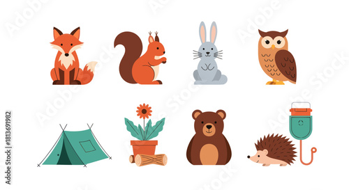 Cartoon forest animals and nature elements illustration on white