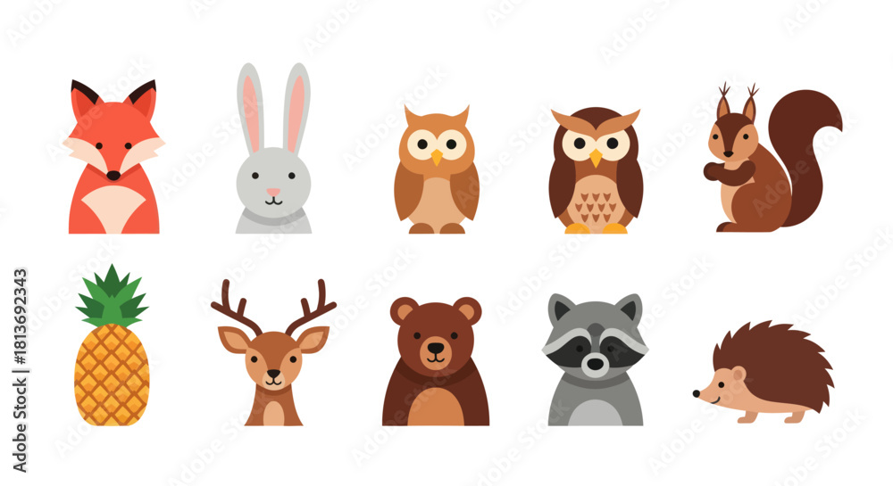 Fototapeta premium Cartoon forest animals and pineapple in flat vector illustration