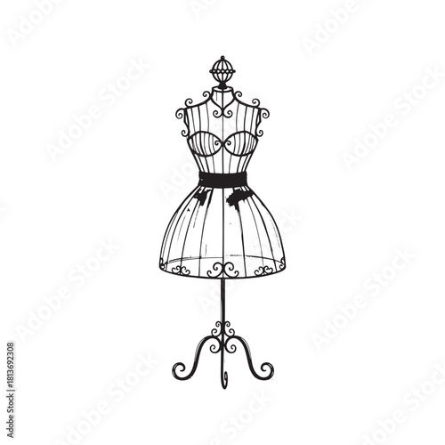 Watercolor painting of vintage wire dress form mannequin. Hand drawn fashion illustration of tailor dummy with ribbon. Black and white monochrome sketch art.
