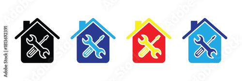 Collection of house icons with wrench and screwdriver symbolizing home repair, maintenance, and renovation services in various color schemes for design isolated on white background