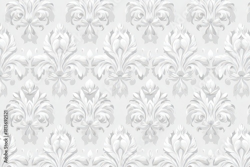Elegant White Damask Pattern on Grey Background with Intricate Floral Ornamentation for Seamless Wallpaper and Textile Design