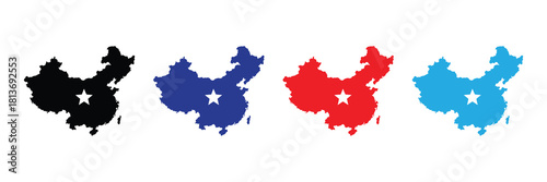 Diverse color silhouettes of the map of china with a white star in the center, symbolizing patriotism, identity, and national pride, isolated on white. isolated on white background