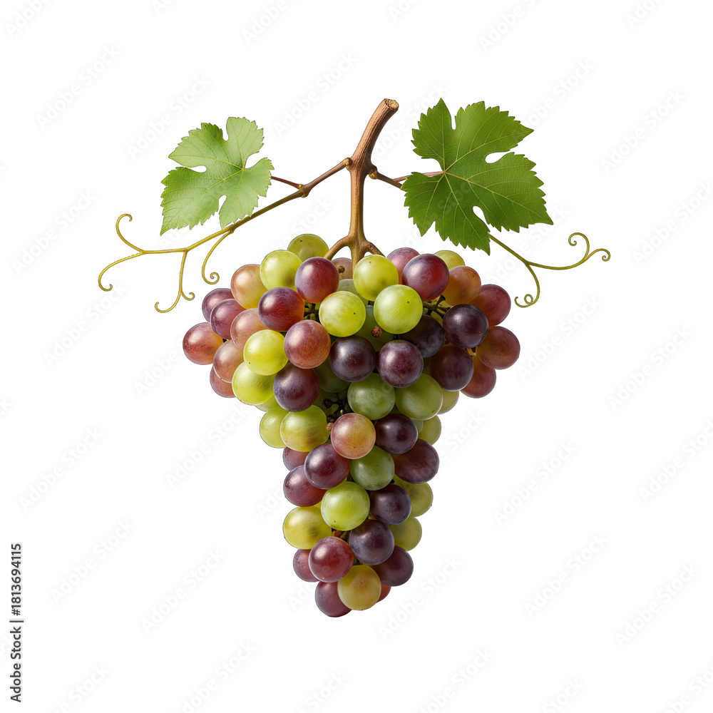 Obraz premium A Bunch Of Red And Green Grapes Hanging From A Vine With Two Green Leaves Isolated On Black Background Studio Shot