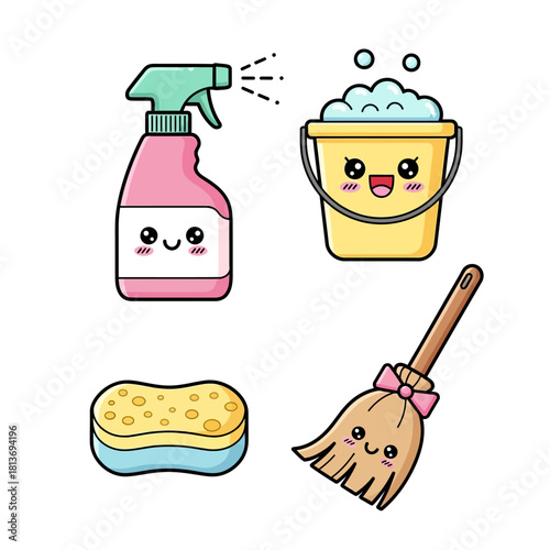 Illustration of cartoon cleaning supplies including a spray bottle, bucket of soap, sponge, and broom with smiling faces on a white background.