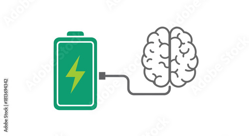 Recharge your mind with fresh energy and innovative ideas with this concept of a green battery charging a brain, perfect for brainstorming sessions