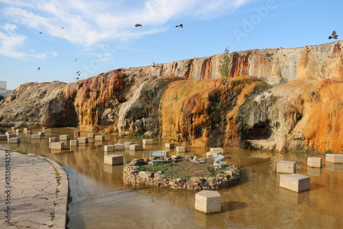 Fototapeta Naklejka Na Ścianę i Meble -  Terme and granite waterfall with geothermal water flowing in Kırşehir, Türkiye
