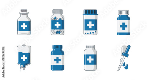 Medical bottles and dropper for healthcare advertising promoting pharmaceuticals and illustrating medical concepts in a clean modern style, Generative AI*