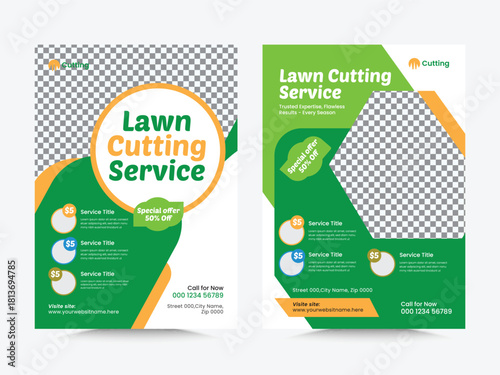 Mower Garden or Landscaping Service Flyer Template. Tree and gardening service poster leaflet design Law, poster, advertise, reports, brochure cover design