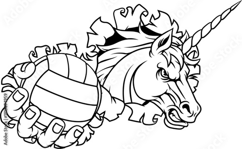 Unicorn horse stallion angry volleyball sports team mascot holding a ball.