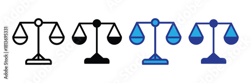 Collection of balance scale icons representing justice, law, fairness, and equilibrium in various styles and color schemes, isolated on white.