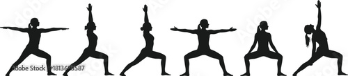 Black silhouettes of women performing various yoga poses on a white background woman