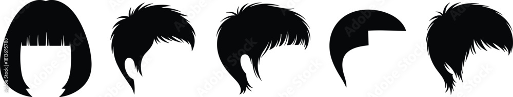 Obraz premium Five black silhouette hairstyles on white background vector