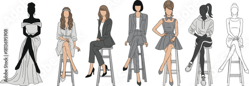 Seven women in diverse fashion styles sitting on bar stools woman female