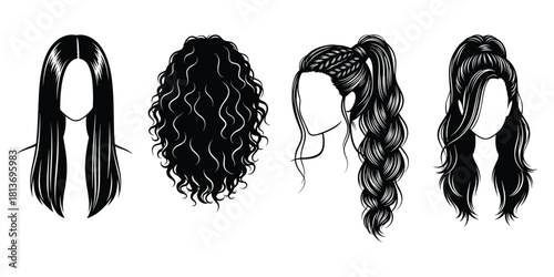 Four black silhouette hairstyles on white background including straight wavy braided and curly