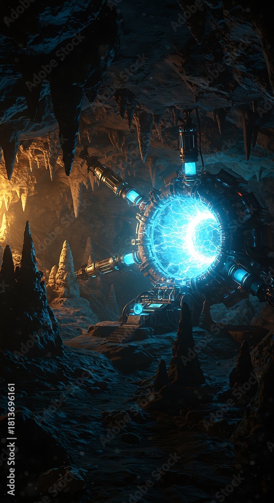 Fototapeta premium Mysterious energy sphere glowing inside a dark cavernous interior scene
