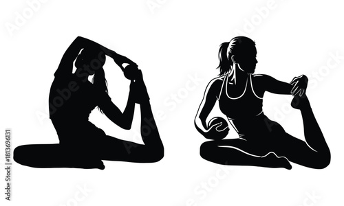 Female silhouettes doing yoga and fitness exercises with a ball.
