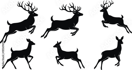 Six black deer silhouettes in various running and jumping poses on white background