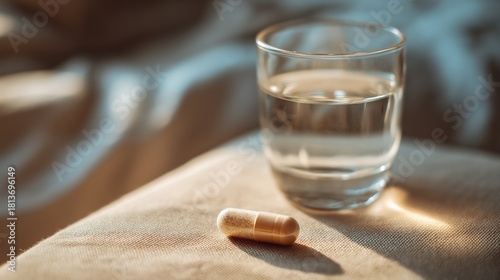 capsule placed next to a glass of water on a bedside table, Photorealism, natural morning light, shallow depth of field, soft beige and blue palette, warm relatable mood