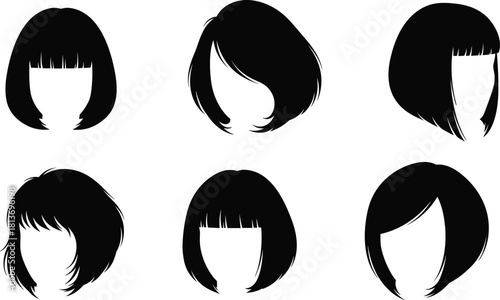 Six black silhouette bob hairstyles with bangs on white background bob haircut
