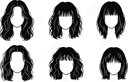 Six Black Silhouette Hairstyles With White Highlights On White Background vector