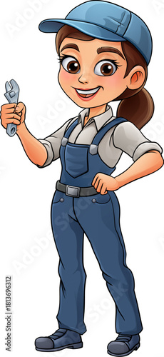 A woman female mechanic, plumber technician or engineer cartoon character mascot holding a wrench or spanner.