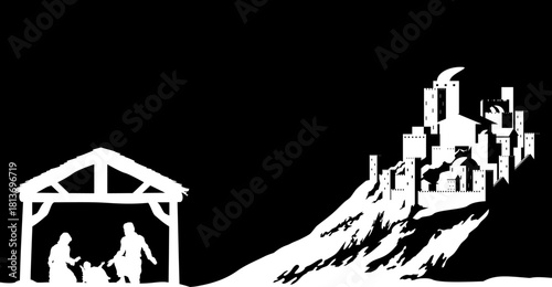 A Christmas nativity scene with baby Jesus in the manger and the city of Bethlehem in the background