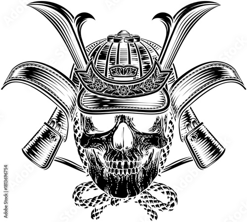 Detailed black and white engraved artwork of a skull wearing a samurai helmet with ornate details. Perfect for tattoo art, dark fantasy, warrior culture, or Japanese historical illustration themes.