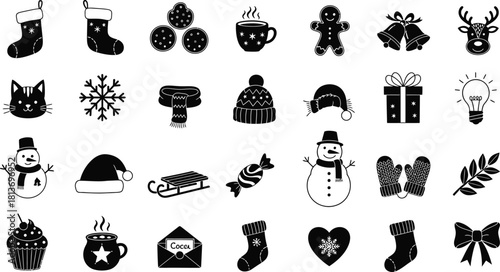 Collection of black and winter and christmas holiday icons and symbols