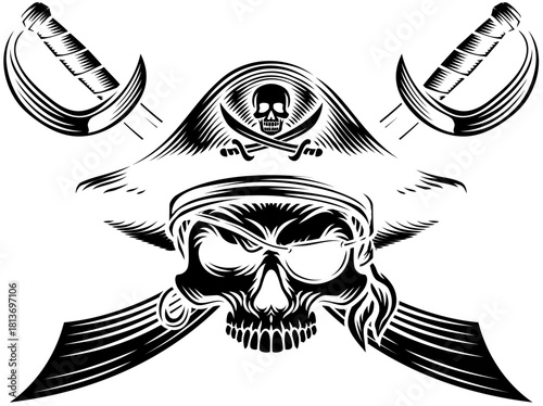 Pirate skull crossbones wearing a tricorn captain hat, eyepatch with crossing sabers or scimitar cutlass pirate swords. In a vintage retro woodcut style.