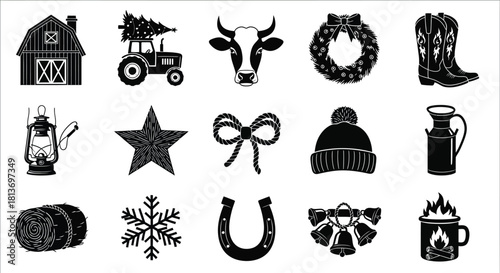 Collection of black and rustic farm and winter holiday icons including barn, tractor, cow, wreath, boot, lantern, star, bow, hat, jug, hay bale, snowflake, horseshoe, bell, and mug