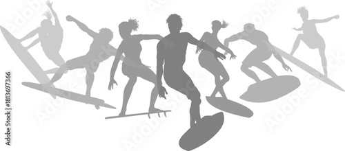 Surfer surfboard boarding male and female surfers surfing silhouette outlines. Men and women surf group design concept.