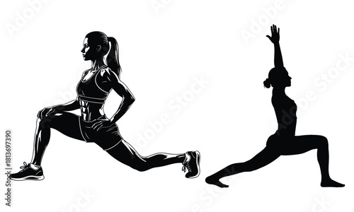 Women doing fitness stretches and yoga warrior pose exercises