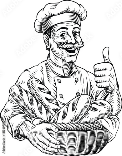 Vintage style woodcut illustration of smiling baker or chef holding a large basket of baguette French bread loves. Perfect for bakeries, artisanal bread brands, cafe menus, or food packaging.