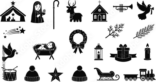 Collection of black and silhouette icons representing christmas and nativity themes