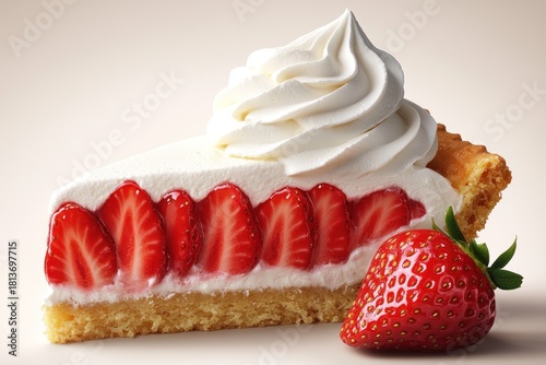 Strawberry pie slice with white cream and whole strawberry on neutral background