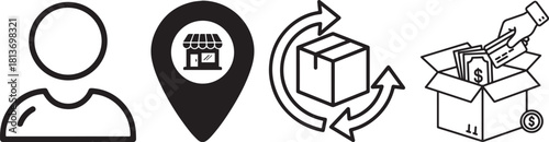 Clean line art icons for business, e-commerce, and financial services.