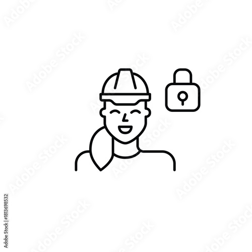 Woman wearing a hard hat and lock. Workplace safety, secure engineering and data protection. Pixel perfect, editable stroke vector icon