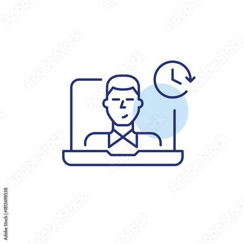 Young man user on laptop and clock. Screen time tracking and work schedules. Pixel perfect, editable stroke vector icon