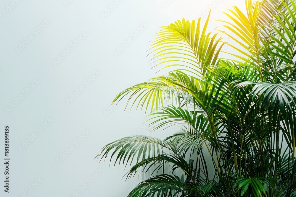 Fototapeta premium Tropical palm fronds against a bright, clean wall with a golden light flare