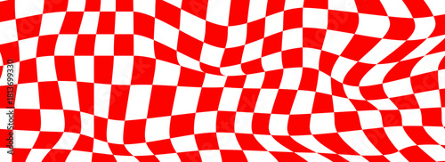 Trippy checkerboard background. Retro psychedelic checkered wallpaper. Wavy groovy chessboard surface. Distorted geometric grid chess pattern. Abstract red and white race flag backdrop. Eps10