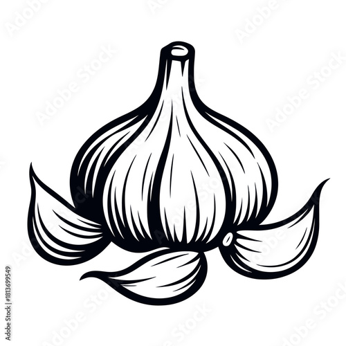 Dark garlic bulb vector illustration, minimalist charcoal silhouette on a black background. Perfect for culinary branding, health food promotion, kitchen decor, organic produce marketing.