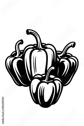 Striking monochrome vector illustration featuring a vibrant cluster of four fresh bell peppers, showcasing their distinct shapes and natural texture in a bold black and white artistic style