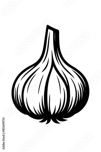 Stylized black garlic bulb icon illustration with a subtle glowing edge, perfect for culinary art, ingredient labels, food blogs, healthy eating graphics, cooking recipe designs, digital menu elements