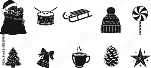 Collection of ten black silhouette icons representing christmas and winter holiday objects