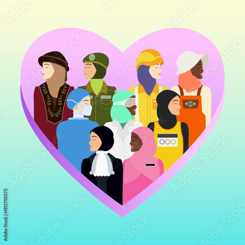 Illustration of Muslim women in diversity of race and careers